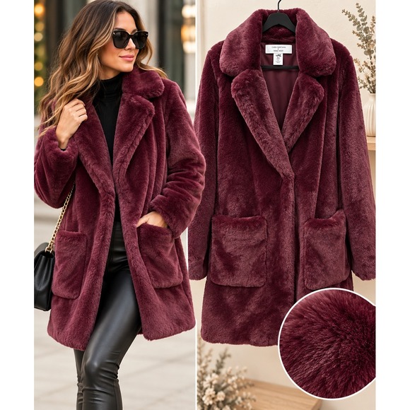 Nine West Jackets & Blazers - Cara Santana x Nine West Womens Faux Fur Coat Burgundy Plum XS Long Coat Jacket
